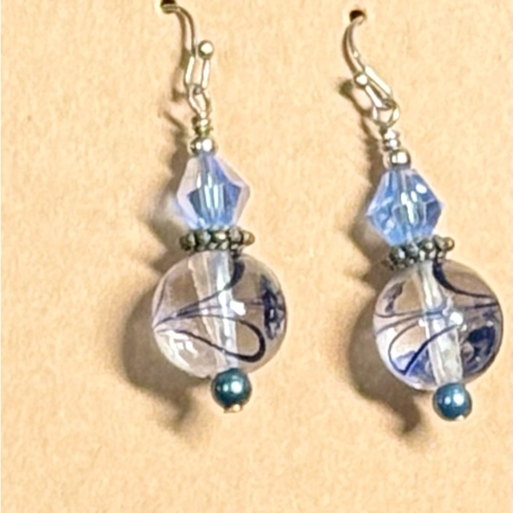 Hand Made Blue and Silver Glass Bead Earrings